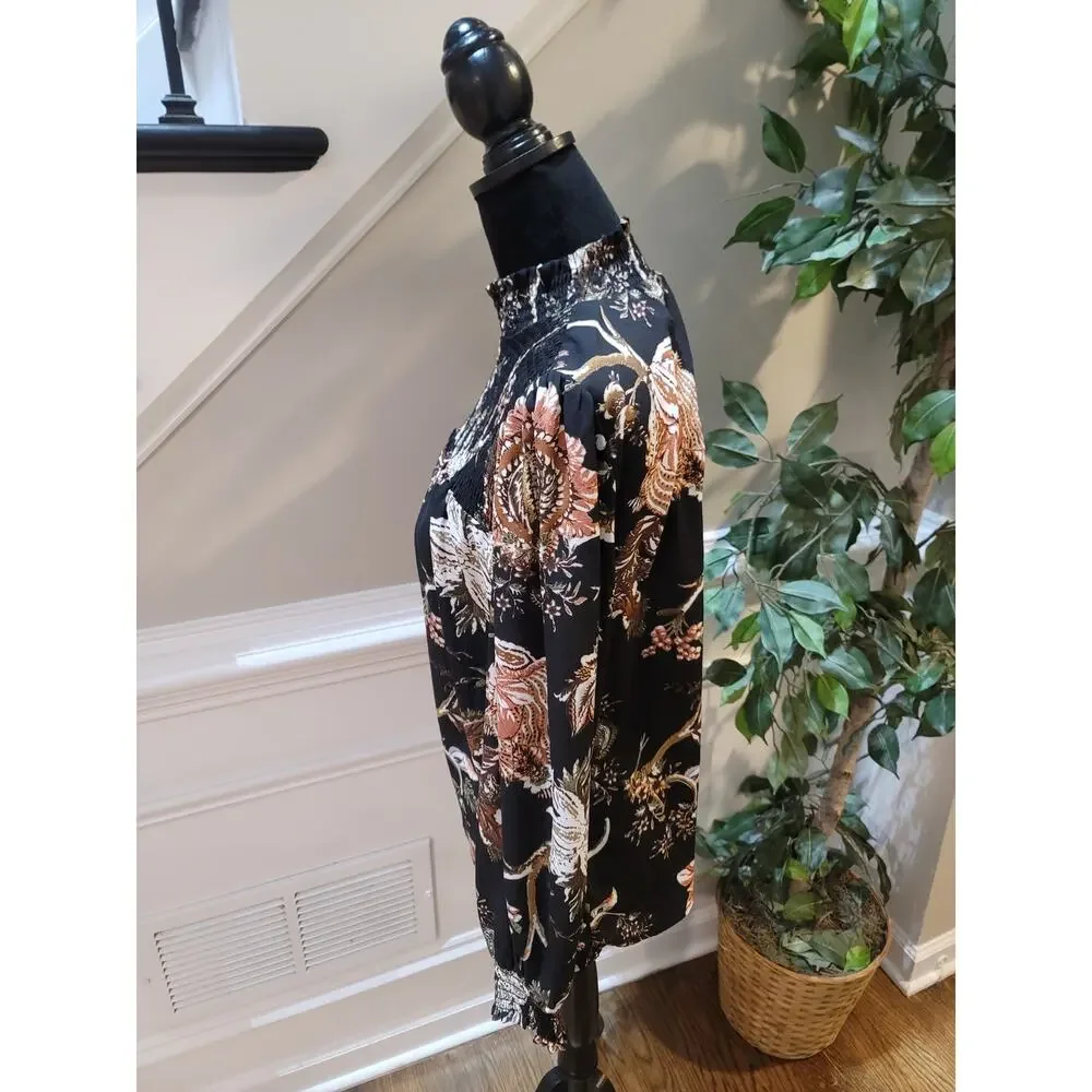 Maison D' Amelie Blouse Women's Small Black Floral Smocked Mock Neck Long Sleeve - Picture 6 of 11